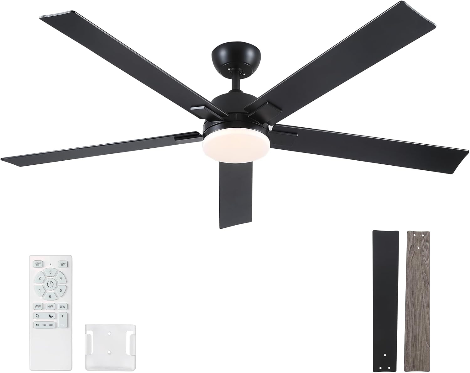 Rayqueen 60 Inch Black Ceiling Fans with Lights and Remote,Includes Downrod | 6 Speed Reversible DC motor,3-color temperature dimmable LED.For indoor/covered outdoor.Modern style for bedroom room
