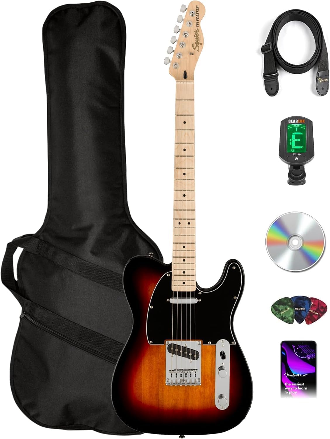 Fender Affinity Series Telecaster - 3 Color Sunburst Bundle with Gig Bag, Tuner, Strap, Picks, and Austin Bazaar Instructional DVD