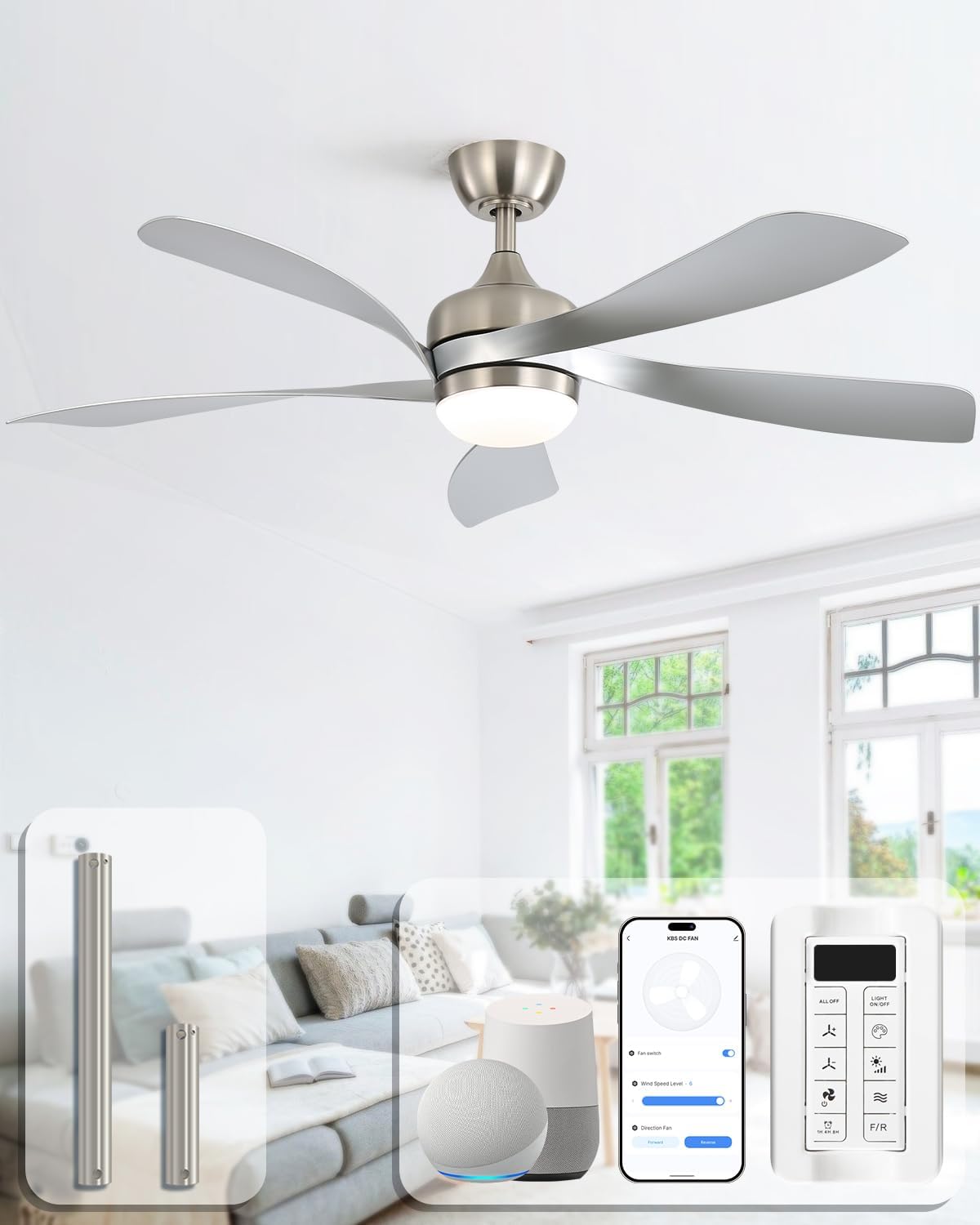 Sofucor 52' Smart Ceiling Fan, Indoor/Outdoor Ceiling Fans with Lights and Remote, Compatible with Alexa/Google/App, 3-Color Light 6-Speed Timing Reversible DC Motor for Bedroom Living Room Patio