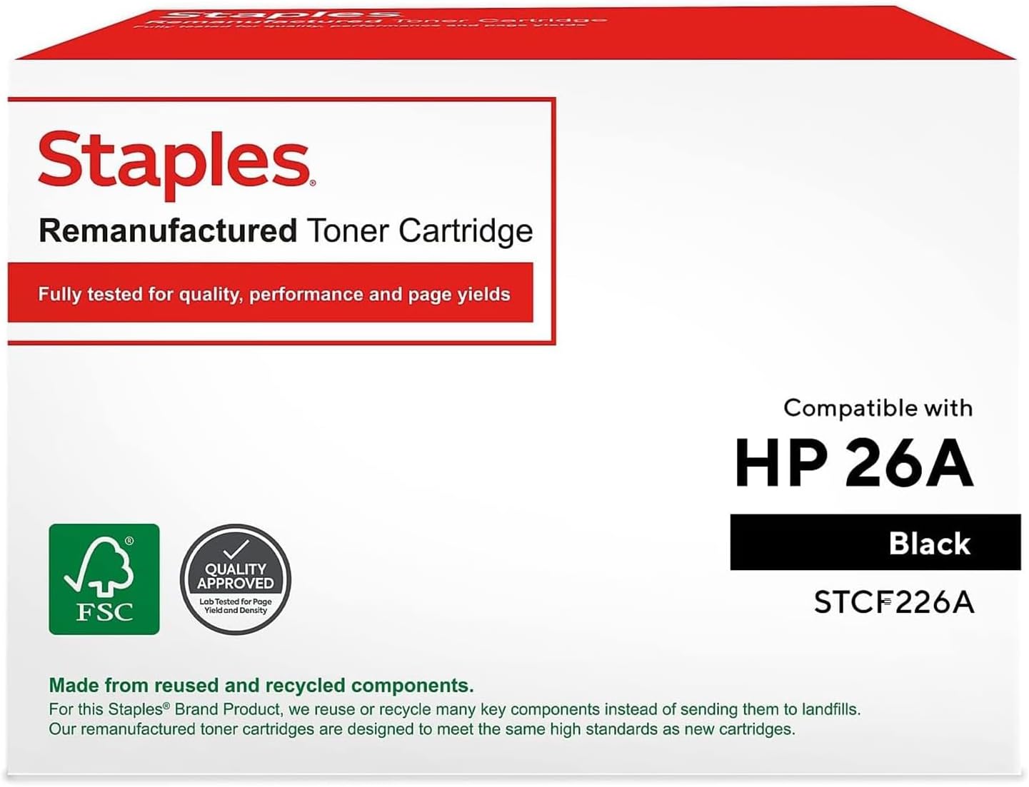 STAPLES Remanufactured 26A Toner Cartridge Black Standard Yield Replacement for HP 26A