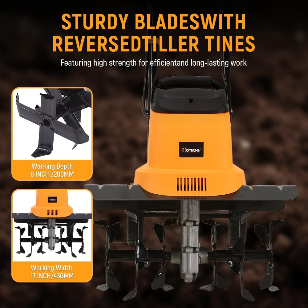 Hoteche Electric Tiller, 1400W 330RPM with 430MM Working Width & 200MM Depth, 6 Steel Blades, Orange & Black, Color Box