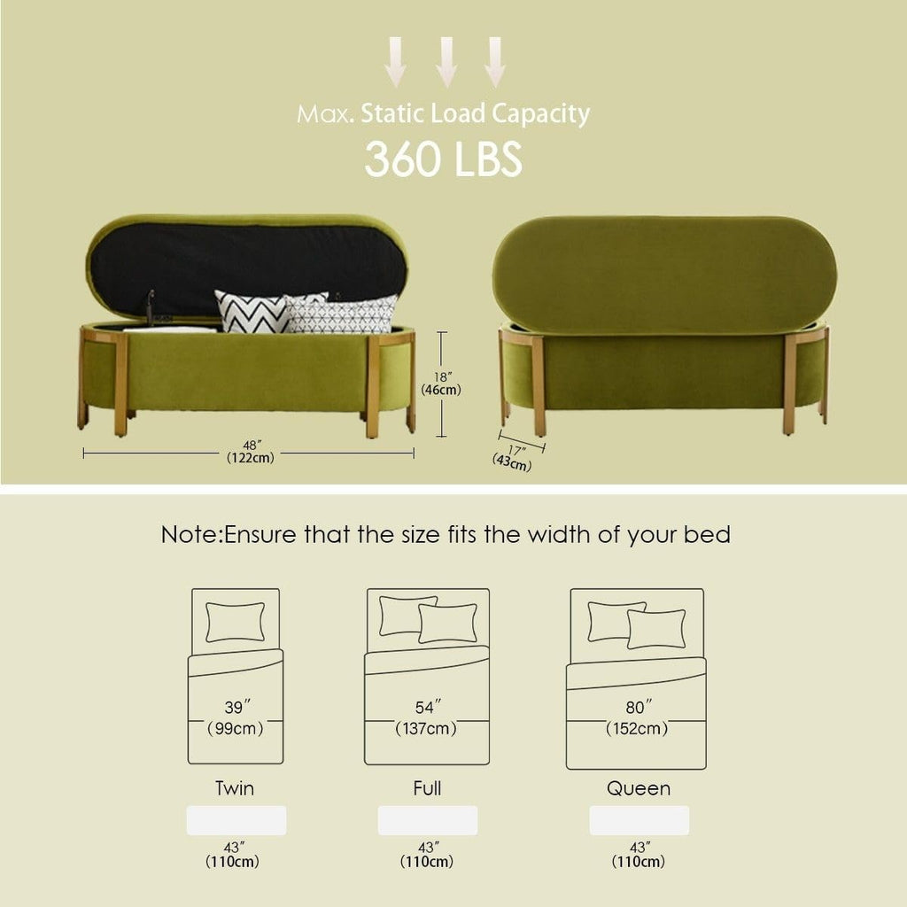 Hyfirm 48' Velvet Storage Ottoman Bench, Olive Green Upholstered End of Bed Bench with Gold Legs, Long Bedroom Bench with Hidden Storage for Living Room, Entryway, Hallway