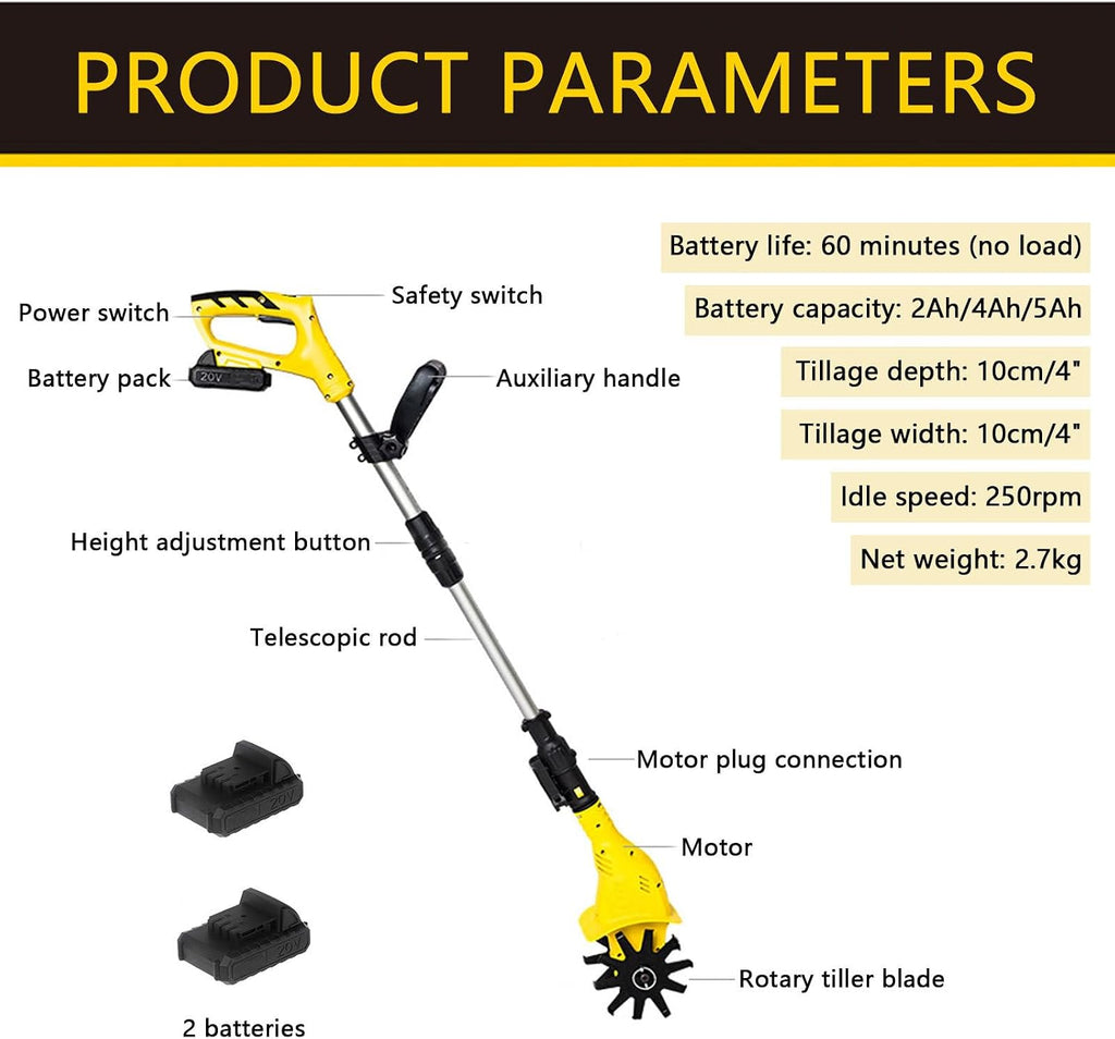 Cordless Cultivator, Battery Handheld Cultivator, Lightweight and Green 20V Garden Tiller with Manganese Steel Blades for Gardening Farm Soil Cultivation 1Battery