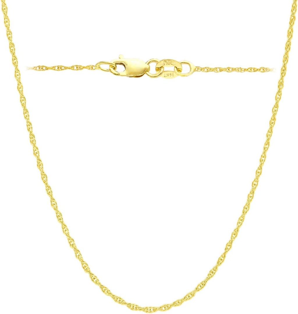 Italian Fashions 14K, 10K Yellow or White or Rose Solid Gold Italian Diamond Cut 0.8 mm-1.2 mm Rope and Mirror Cable Chain Necklace Thin & Strong gold chain Thin And Lightweight MADE IN ITALY