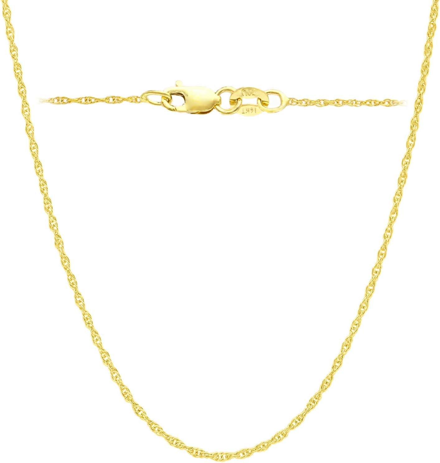 Italian Fashions 14K, 10K Yellow or White or Rose Solid Gold Italian Diamond Cut 0.8 mm-1.2 mm Rope and Mirror Cable Chain Necklace Thin & Strong gold chain Thin And Lightweight MADE IN ITALY