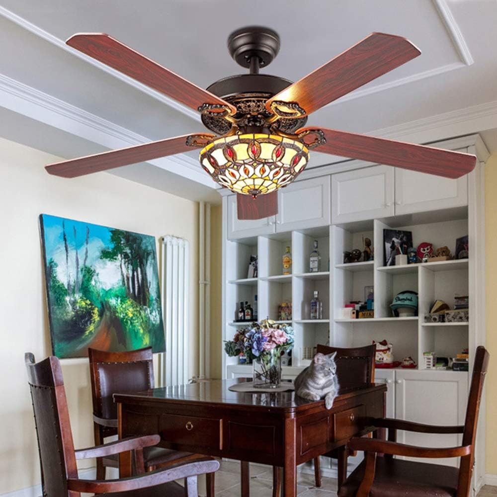 TFCFL 52' Ceiling Fan with Light, Tiffany Style Retro Stained Glass Chandelier Fan with Controller 4 Reversible Wood Blades 3-Speed (Black)