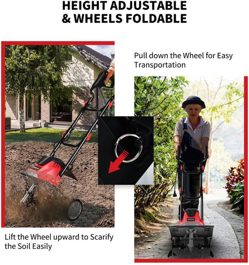 14' Electric Tiller Corded, 10 Amp Foldable Electric Rototiller with Adjustable Wheels Electric Garden Rototiller, for Gardening,Dynamical Brushless Motor Enable Smooth Workflow