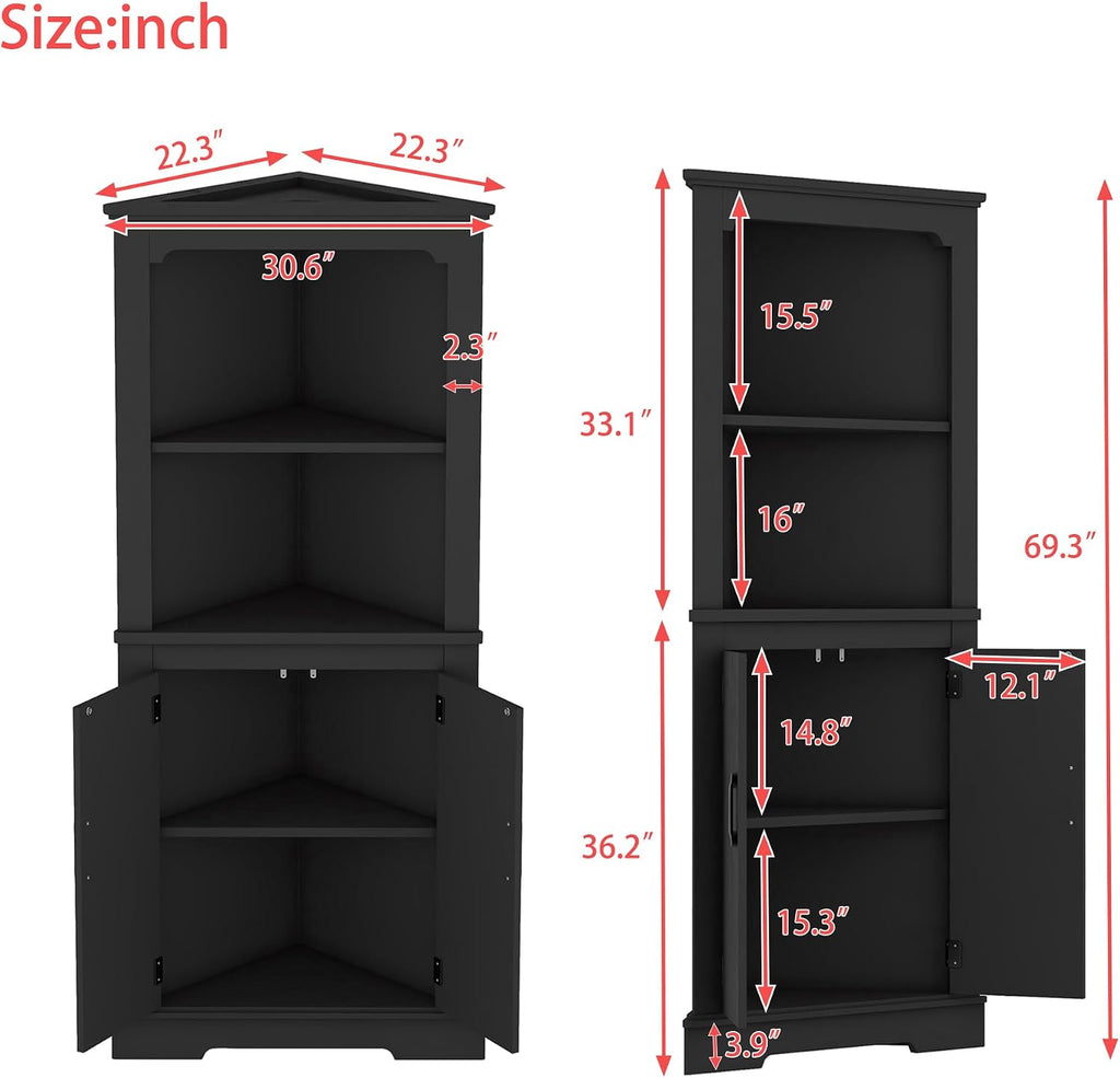 KEIKI 69.3' Corner Storage Cabinet with Round Edges, 2 Open Shelves and Door for Maximum Storage in Small Spaces, Stylish - Black
