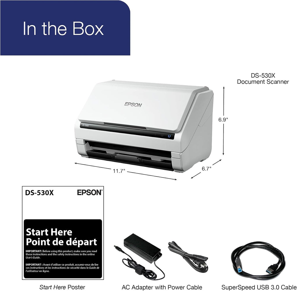 Epson DS-530X Color Duplex Desktop Document Scanner, up to 45 ppm, USB Connectivity, 100-Page Auto Document Feeder (ADF), Twain and ISIS Drivers