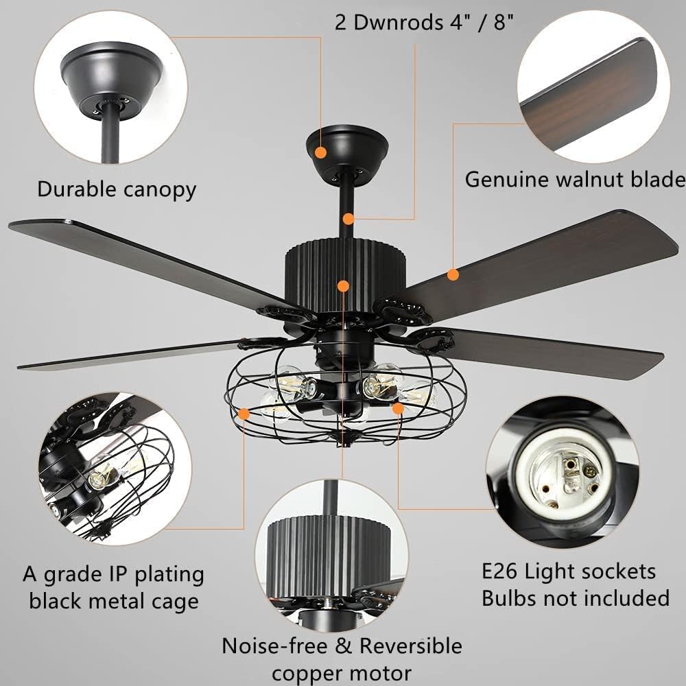 52Inch Industrial Ceiling Fan with Light, Vintage Metal Cage Ceiling Fans Reversible Retro 5 Wood Blades Remote 3 Speeds Timer Light Fixture for Living Room Farmhouse Dining Room Kitchen