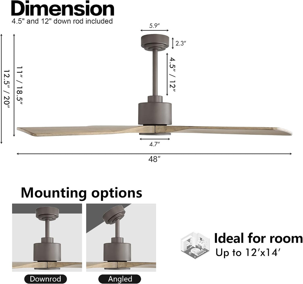 WINGBO 48 Inch DC Ceiling Fan without Lights, 4 Carved Solid Wood Blades, 6-Speed Noiseless Reversible DC Motor, Modern Ceiling Fan No Light with Remote, Graphite Finish with Gray Blades, ETL Listed