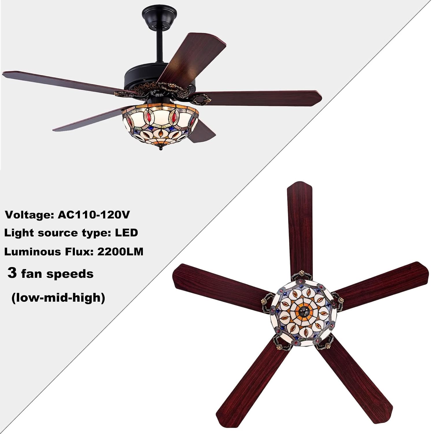 OUKANING Modern Crystal Chandelier Ceiling Fan Gorgeous Reversible Rural Retro Fandelier Light Fixture with Remote for Bedroom Living Room Kitchen