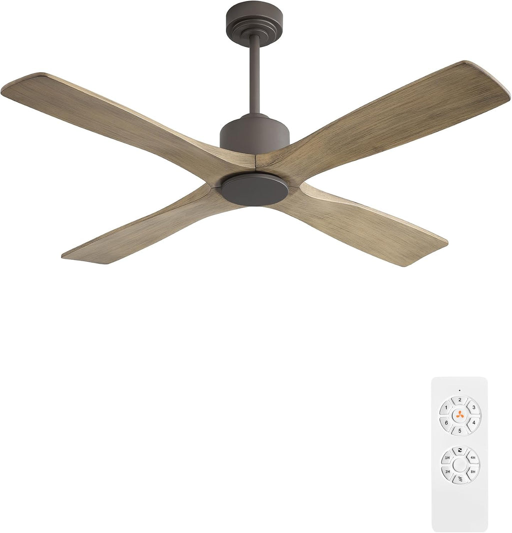 WINGBO 54 Inch DC Ceiling Fan without Lights, 4 Carved Solid Wood Blades, 6-Speed Noiseless Reversible DC Motor, Modern Ceiling Fan No Light with Remote, Graphite Finish with Gray Blades, ETL Listed