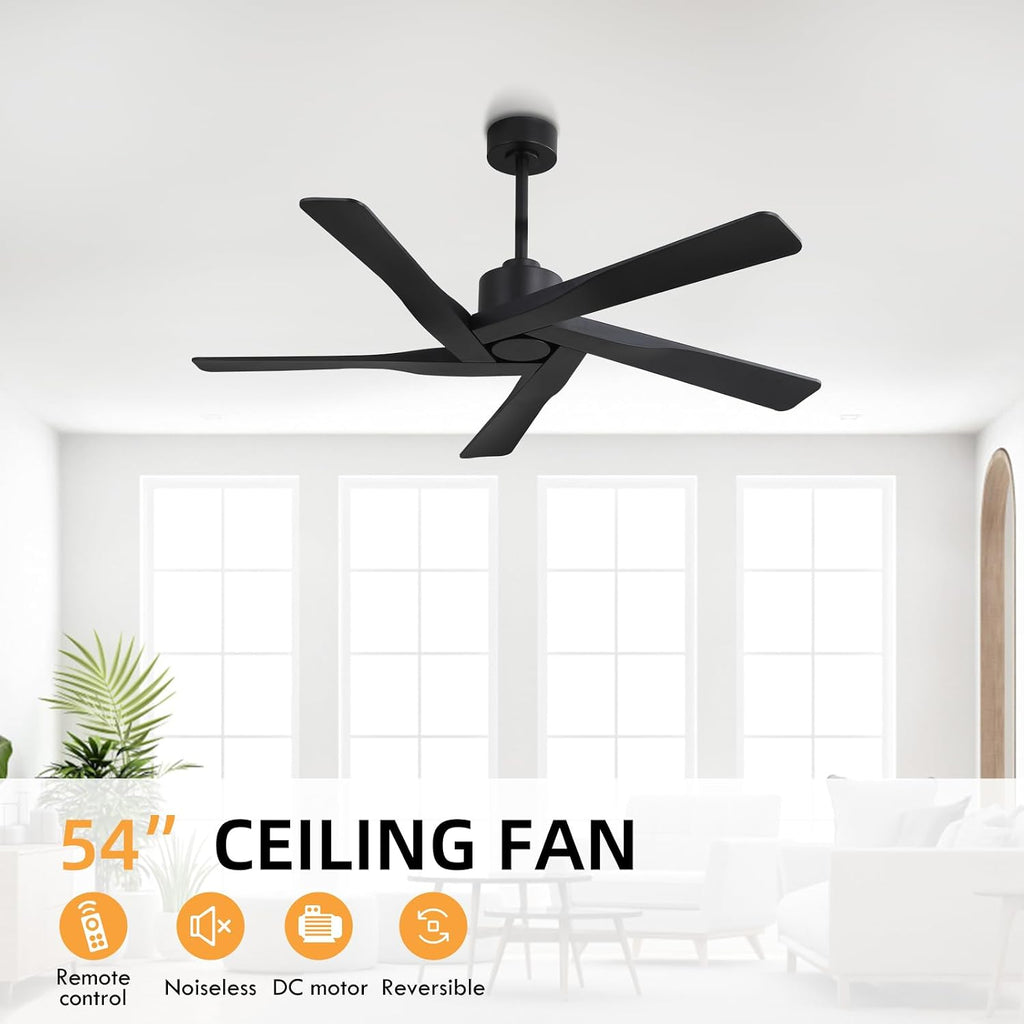 WINGBO 54' ABS DC Ceiling Fan No Light, 5 Blade ABS Plastic Ceiling Fan with Remote, 6-Speed Reversible DC Motor, Ceiling Fans without Light for Kitchen Bedroom Living Room, Matte Black