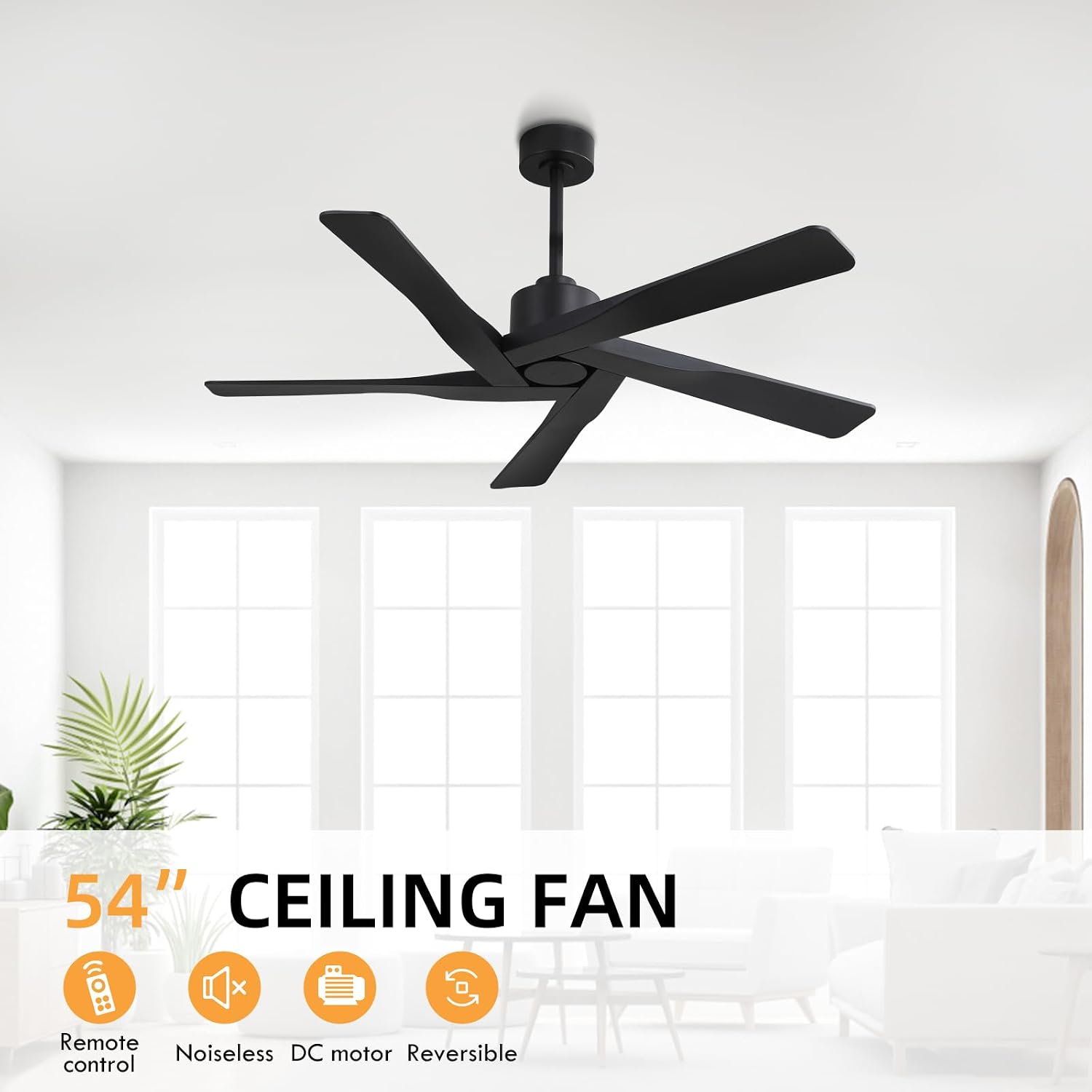WINGBO 54' ABS DC Ceiling Fan No Light, 5 Blade ABS Plastic Ceiling Fan with Remote, 6-Speed Reversible DC Motor, Ceiling Fans without Light for Kitchen Bedroom Living Room, Matte Black