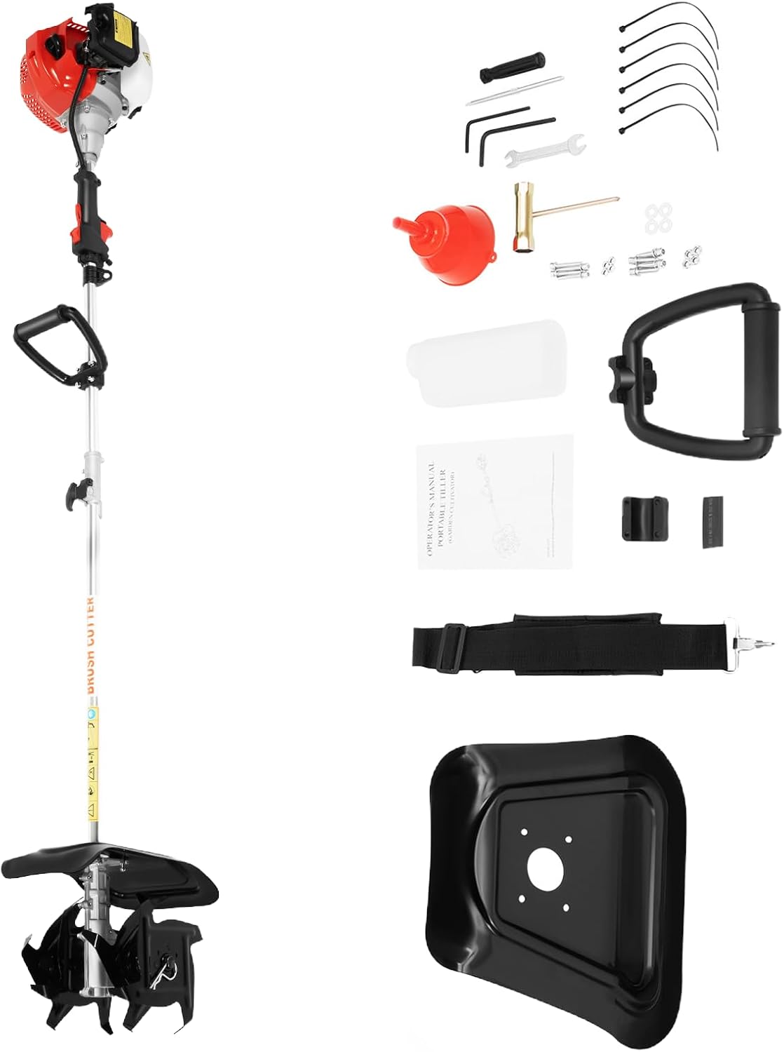 1.45kW Gas-Powered Tiller, 52cc 2-Stroke Handheld Engine Cultivator, 6500RPM Soil Loosener Ground Breaker with 0.29gal Fuel Tank 9.8in Width & 3.5in Depth for Garden Farmland Hillside
