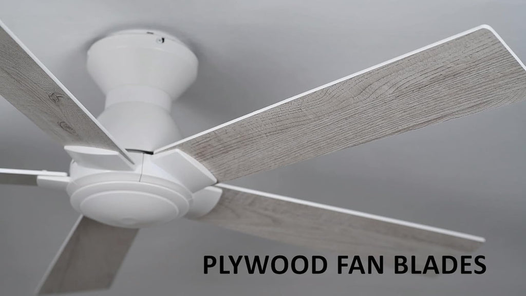 Carro 52 Inch Flush Mount Ceiling Fan without Lights, White Ceiling Fan with Remote Low Profile, 10-Speed Reversible DC Motor, 5 Wood Finish Blades, Indoor for Bedroom