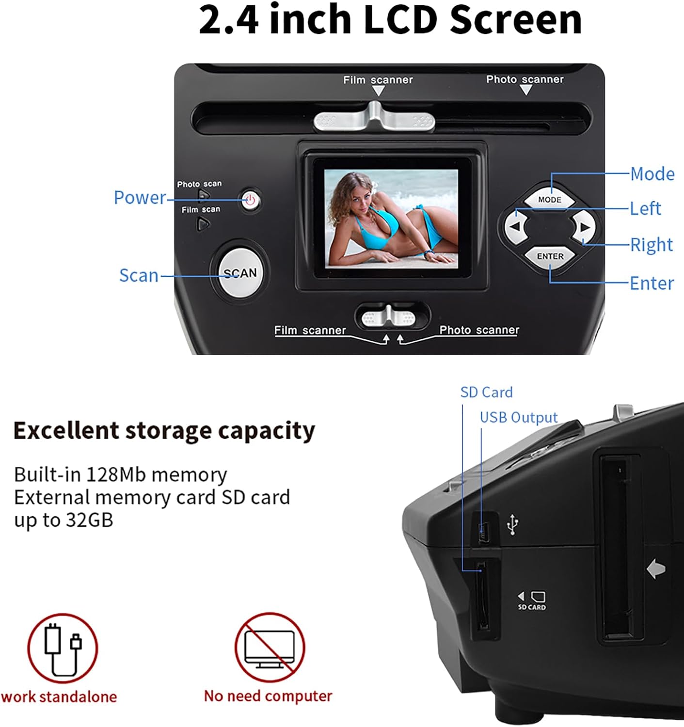 Digital Film Scanner, Slide Negative Scanner with 2.4' LCD Screen and 8.1 Mega Pixels Sensor, Converts Film, Photo and Name Cards, Built-in 128 Mb Memory and Convenient to Use, for Family