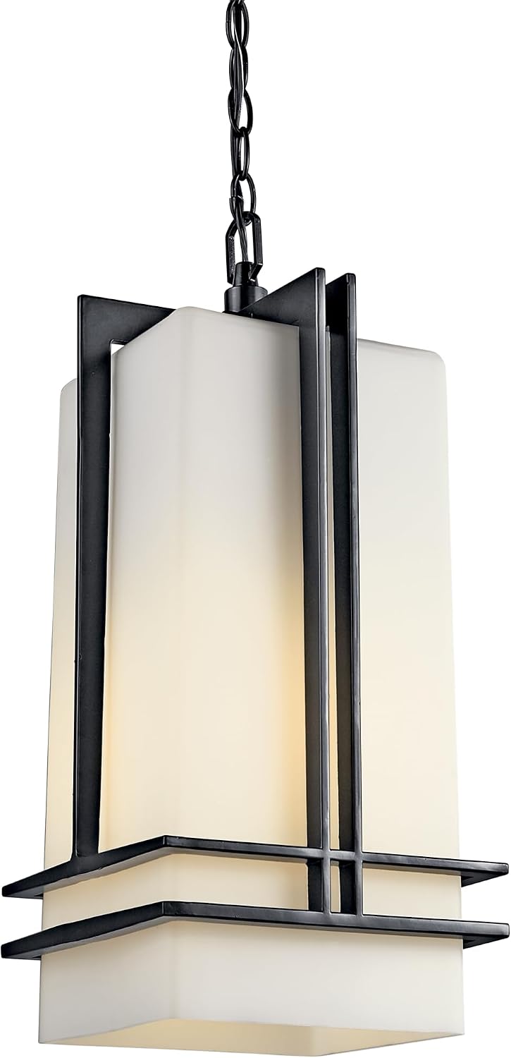 Kichler Tremillo 17' Outdoor Pendant Hanging Light in Black, Exterior Porch Light with Satin Etched Cased Opal Glass, (17' H x 6.5' W), 49205BK