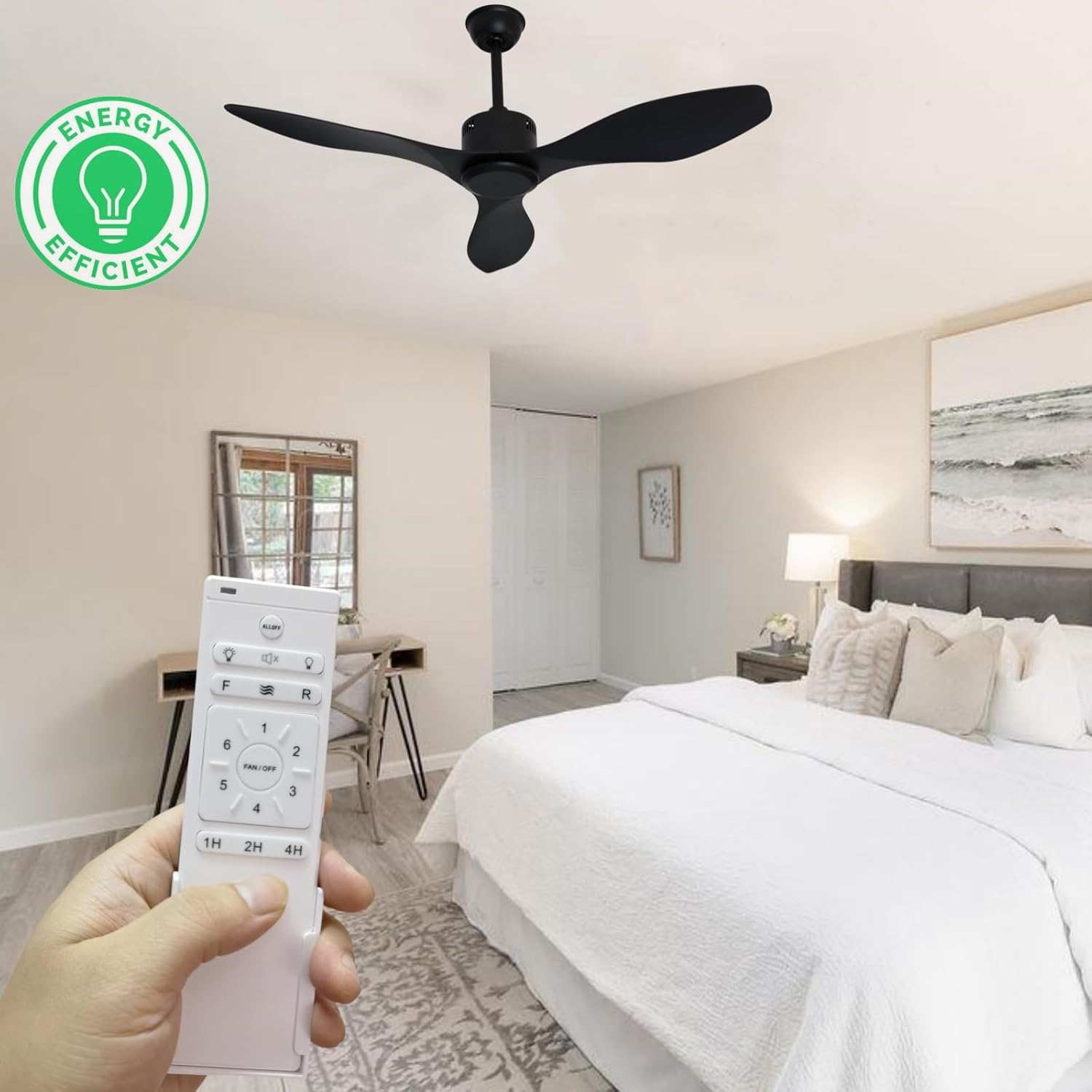 48 inch Ceiling Fan No Lights Remote Control 3 Blades Reversible DC Motor, Modern, Black