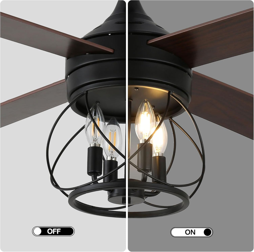 Rustic Ceiling Fan with Lights and Remote, Large Farmhouse Ceiling Fan Caged Fandelier Chandelier, Reversible Quiet DC Motor 6 Speeds for Living Room (Black Caged, 52 Inch)