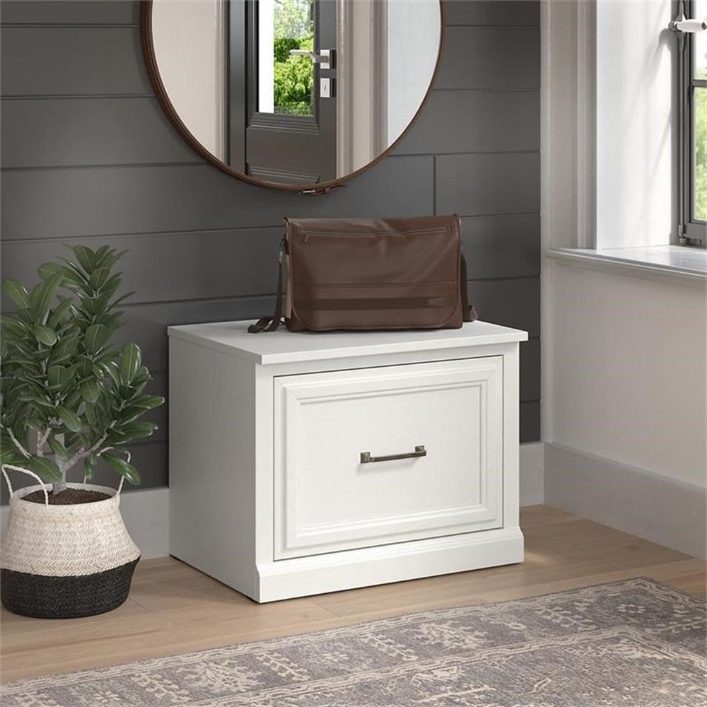 Bush Furniture Woodland 24W Small Shoe Bench with Drawer in White Ash | Narrow Footwear Organizer for Home Entryway, Mudroom, and Foyer