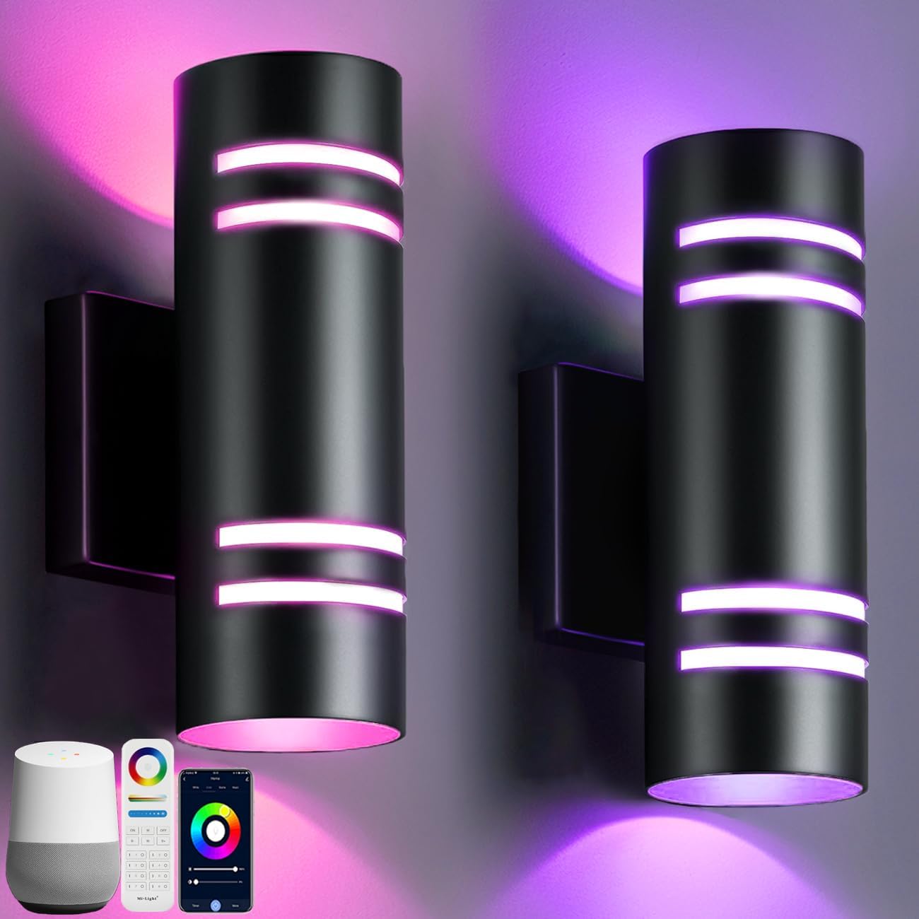 wowlite Outdoor Wall Lights for House, Remote Control Smart RGBCW Up and Down Lights Outdoor Sconce RGB Color Changing, Black Cylinder Aluminum Exterior Lighting Fixtures for Porch Garage, ETL Listed