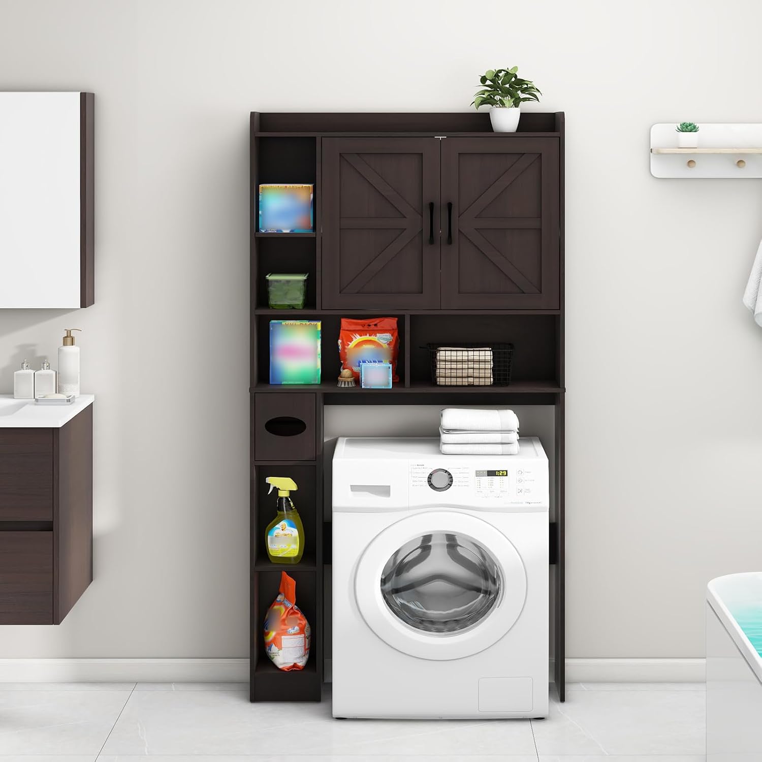 Vabches Over The Toilet Storage Cabinet, Farmhouse Storage Cabinet Over Toilet with 2 Barn Door & Toilet Paper Holder Stand，Home Space-Saving Toilet Rack, for Bathroom, Restroom, Laundry