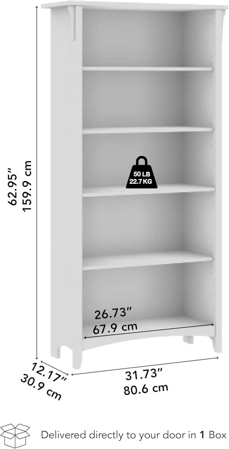 Bush Home Salinas 5 Shelf Bookcase in Ash Brown, Tall Bookshelf, Large Book Shelf for Living Room, Home Office, or Entryway