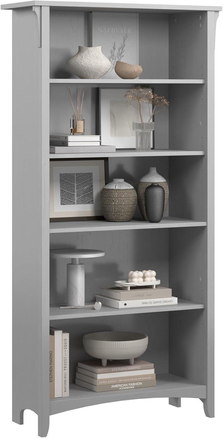 Bush Home Salinas 5 Shelf Bookcase in Cape Cod Gray, Tall Bookshelf, Large Book Shelf for Living Room, Home Office, or Entryway