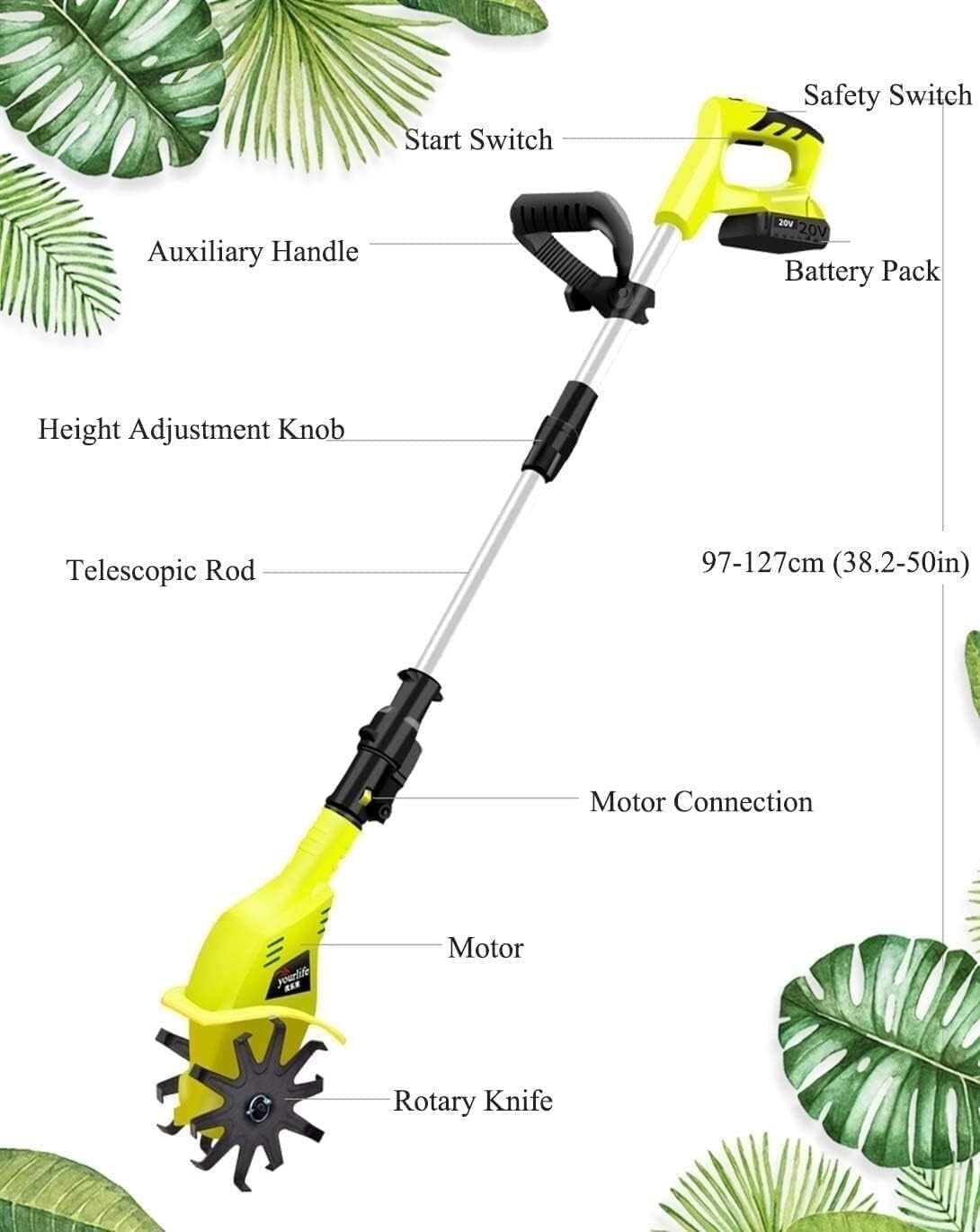 MekUk Garden Tiller & Cultivator Cordless tiller, 20V garden tiller, working width 10 cm, depth 25 cm, speed 250 rpm, ideal for soil loosening (Yellow) for Garden Care Compacted Soils and Lawn Yard