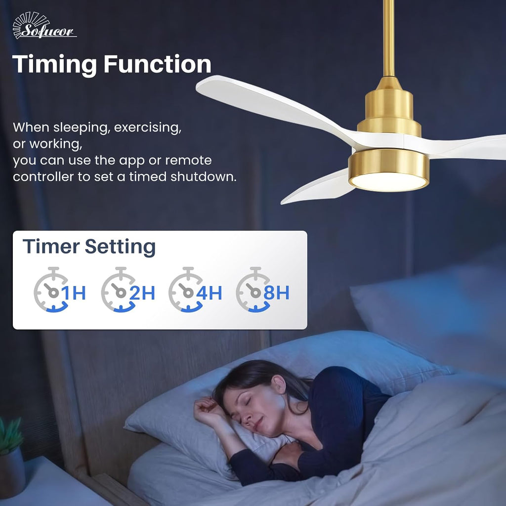 Sofucor 48 Inch Smart Ceiling Fan with Lights and Remote/APP Control, Compatible with Alexa/Google, 3 Blade White Glod Solid Wood Low Profile Ceiling Fan for Indoor Outdoor Bedroom Farmhouse Patio