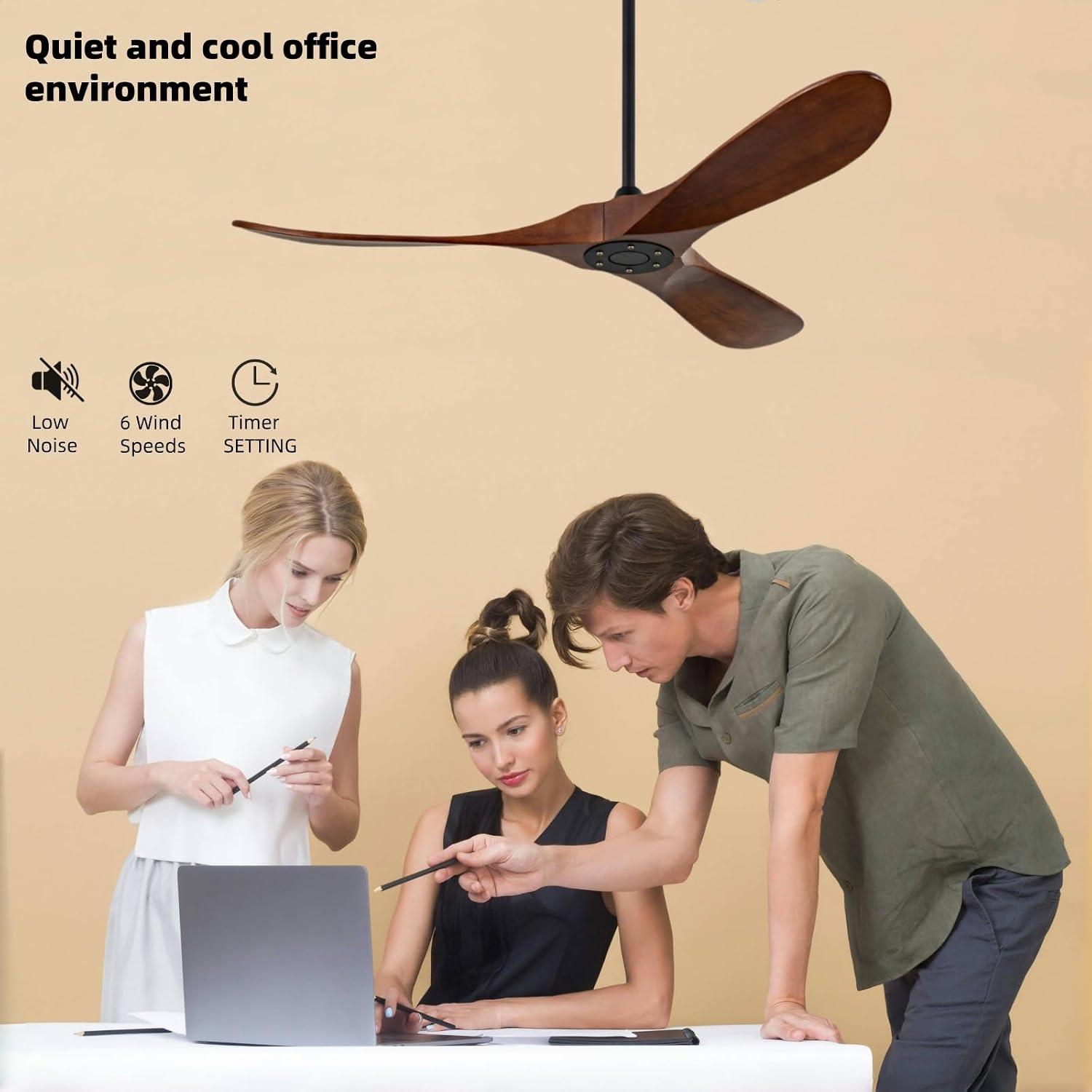 42 Inch Ceiling Fan Unlit, Solid Wood Ceiling Fan Unlit, with Remote Control, Reversible DC Motor, Indoor Bedroom Living Room Office Outdoor Patio Ceiling Fan