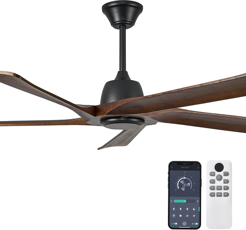 60 Inch Solid Wood Ceiling Fan No Lights, Remote and APP Control, DC Motor, 6-speed Reversible, Outdoor Ceiling Fans for Bedroom, Living Room, Office, Dark Walnut