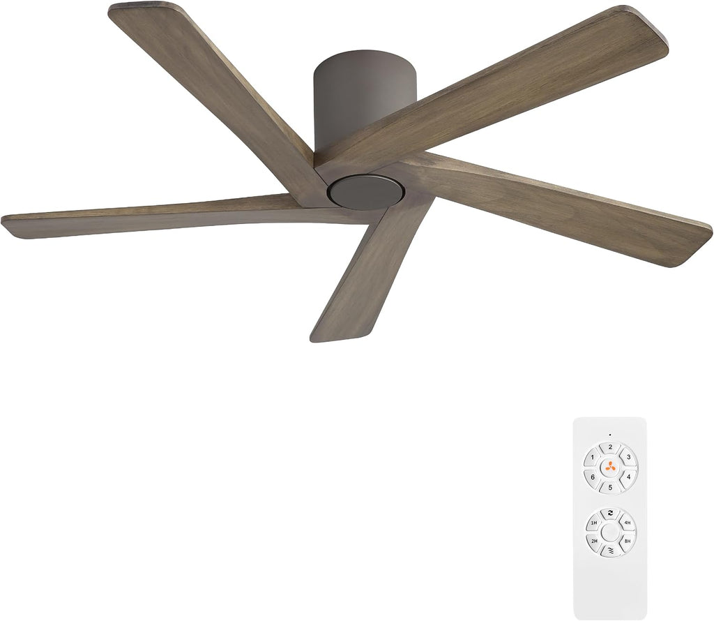 WINGBO 48 Inch Flush Mount DC Ceiling Fan without Lights, 5 Reversible Carved Wood Blades, 6-Speed Noiseless DC Motor, Hugger Ceiling Fan No Lights in Graphite Finish with Gray Blades, ETL Listed