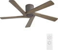WINGBO 48 Inch Flush Mount DC Ceiling Fan without Lights, 5 Reversible Carved Wood Blades, 6-Speed Noiseless DC Motor, Hugger Ceiling Fan No Lights in Graphite Finish with Gray Blades, ETL Listed