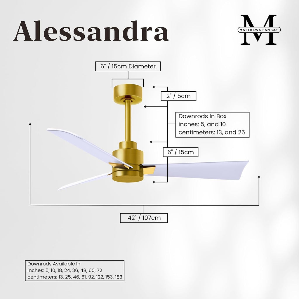 Matthews AK-BRBR-MWH-42 Alessandra Wet Rated 42' Outdoor Ceiling Fan without Light, Remote Included, Silent DC Motor, Brushed Brass with Matte White