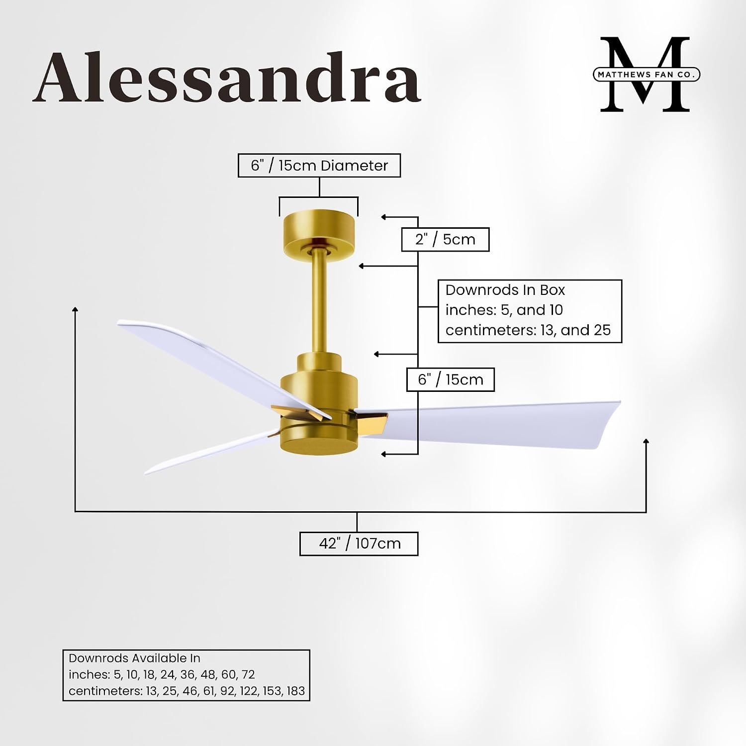 Matthews AK-BRBR-MWH-42 Alessandra Wet Rated 42' Outdoor Ceiling Fan without Light, Remote Included, Silent DC Motor, Brushed Brass with Matte White