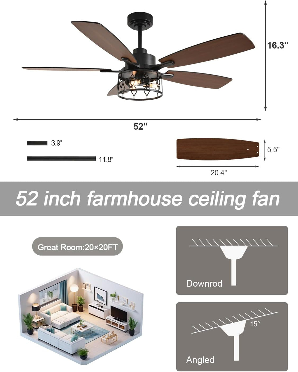 Rustic Ceiling Fan with Lights and Remote, Large Farmhouse Ceiling Fan Caged Fandelier Chandelier, Reversible Quiet DC Motor 6 Speeds for Living Room (Black Cage, 52 Inch)