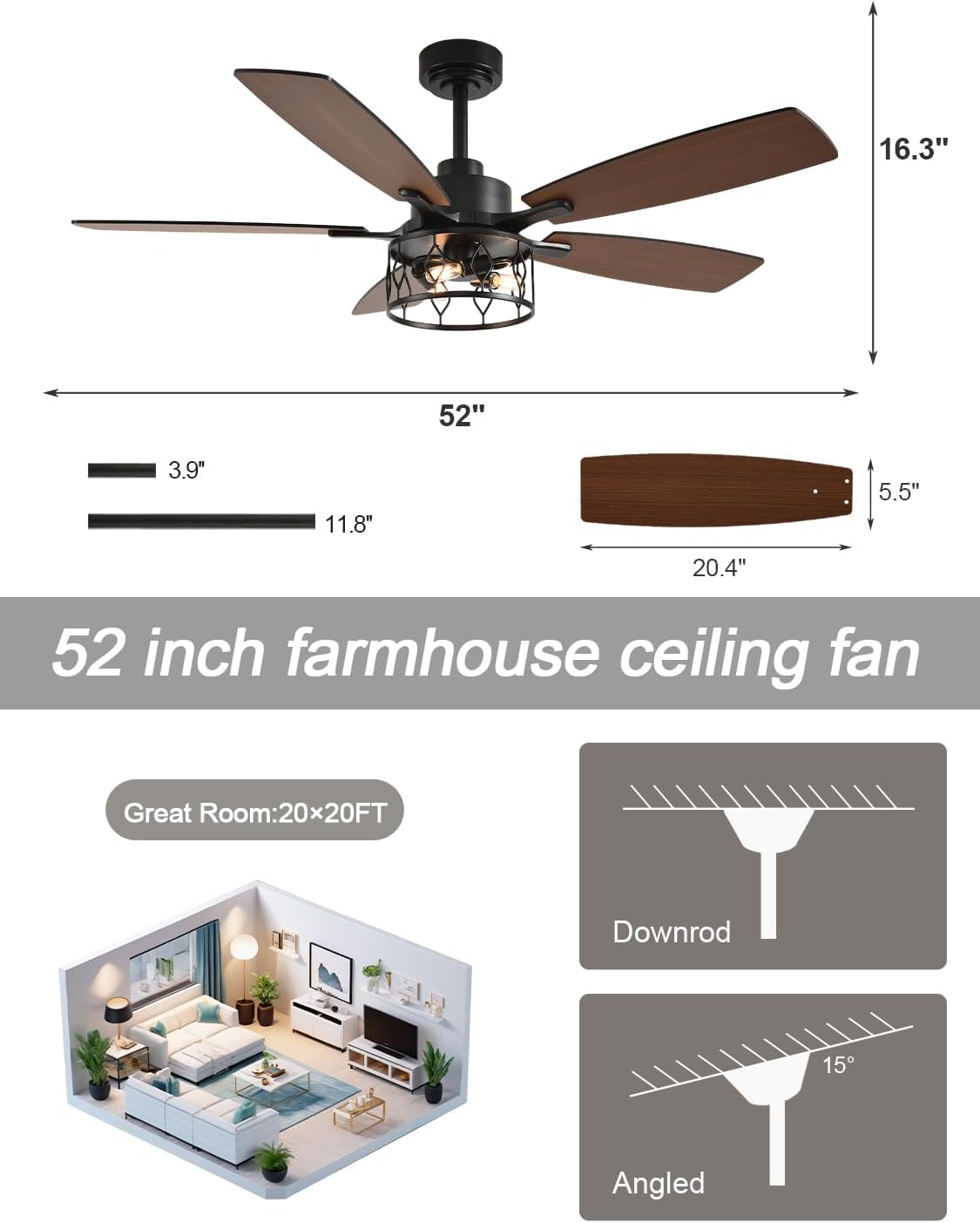 Rustic Ceiling Fan with Lights and Remote, Large Farmhouse Ceiling Fan Caged Fandelier Chandelier, Reversible Quiet DC Motor 6 Speeds for Living Room (Black Cage, 52 Inch)