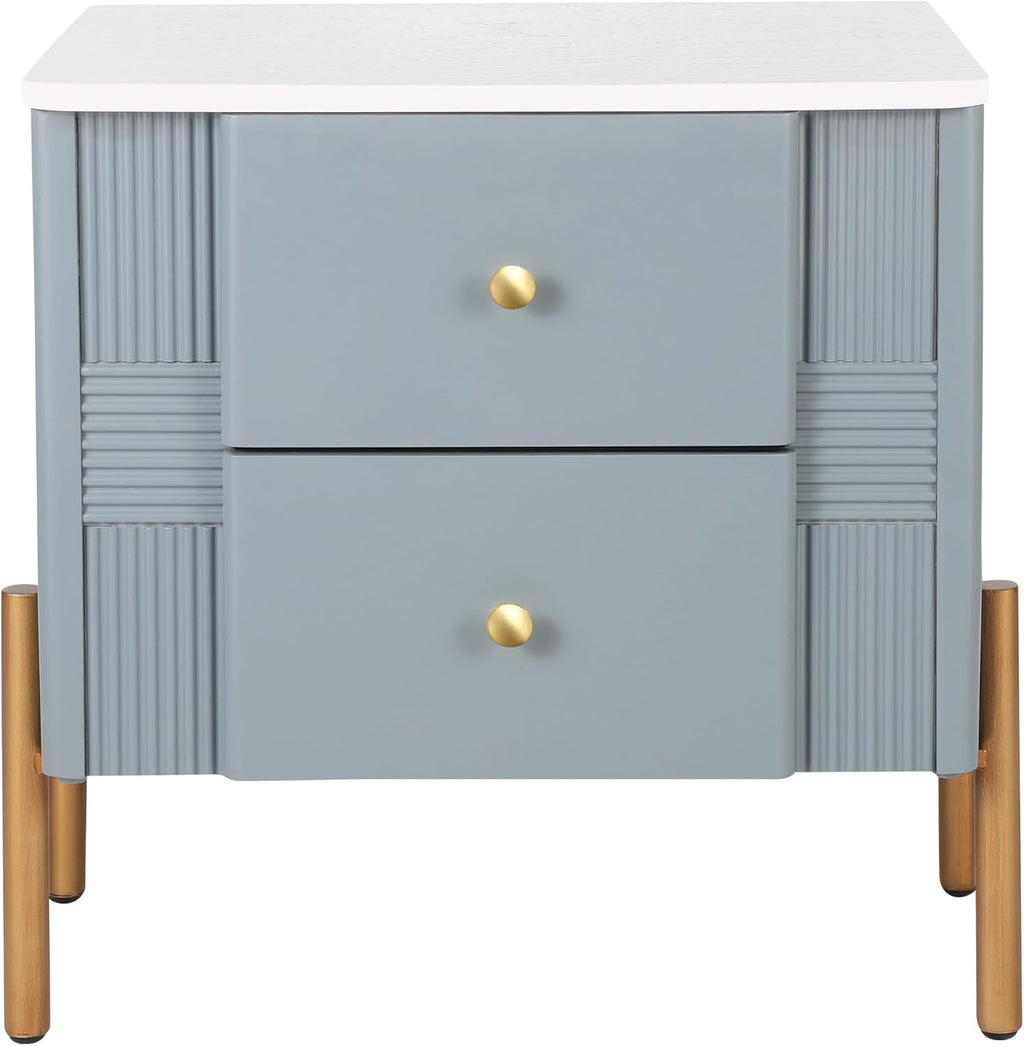 Christopher Knight Home Canyon Modern Nightstand with Golden Metal Handles and Legs, Bedside Table/End Table for Bedroom/Living Room, Multipurpose Storage Cabinet with 2 Drawers, Blue