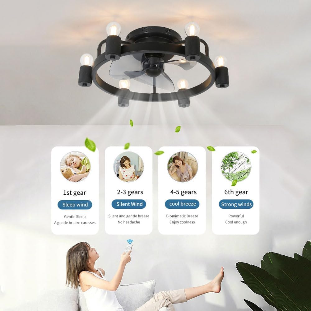 Black Ceiling Fan Light Retro Industrial Style Ceiling Fan Lights with Fan Low Noise 6 Lights Lighting for Restaurant Living Room Bedroom Study