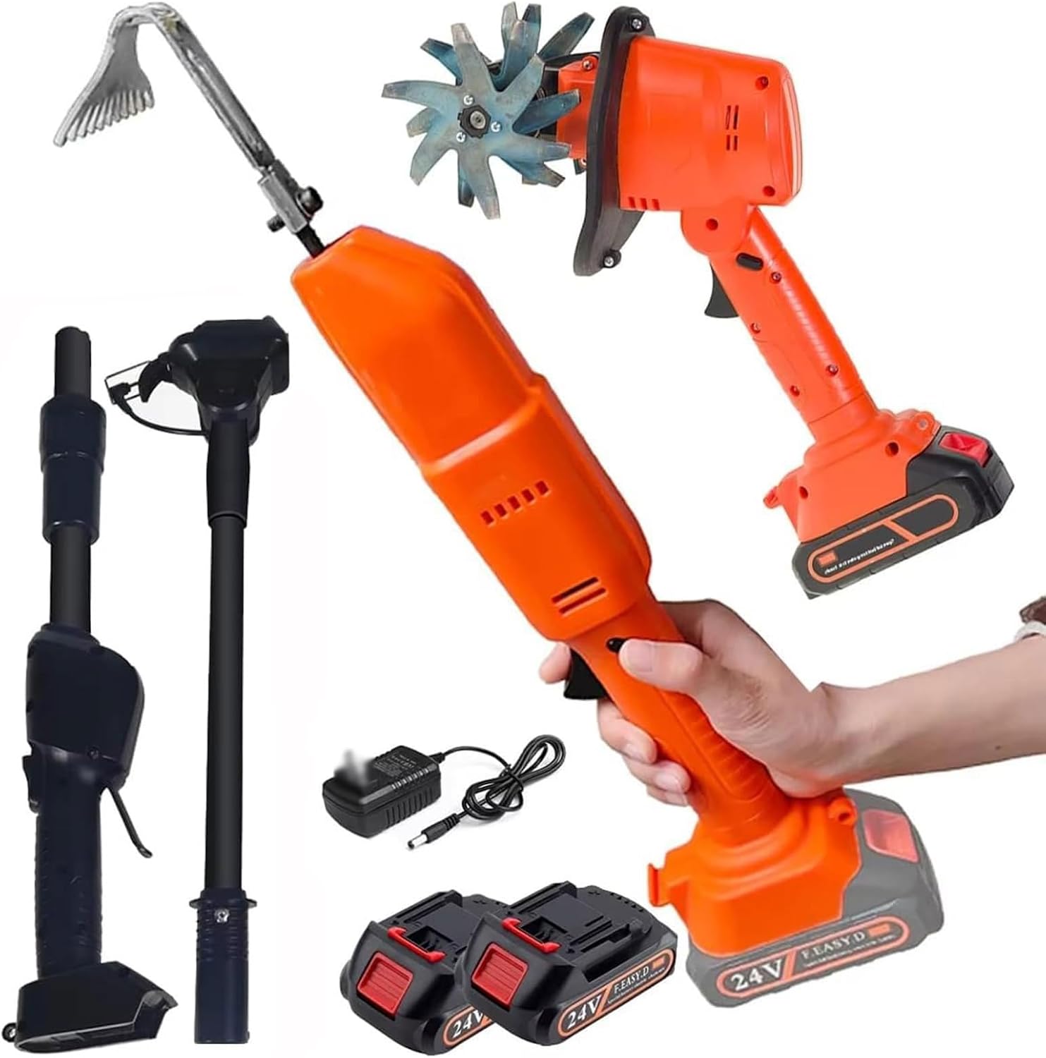 2-in-1 Cordless Tiller Cultivator with Electric Digging Hoe,Electric Garden Lightweight Rotavator with Telescopic Pole and 2 Batteries,10Cm Tilling Width & Depth,for Gardening