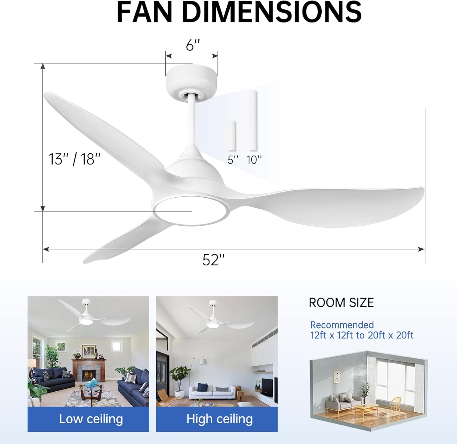 reiga 52 inch Ceiling Fans with Remote Control and Led Lights, Modern Quiet Reversible DC Motor Fan, 3 Blade High Flow for Living Room Bedroom, White