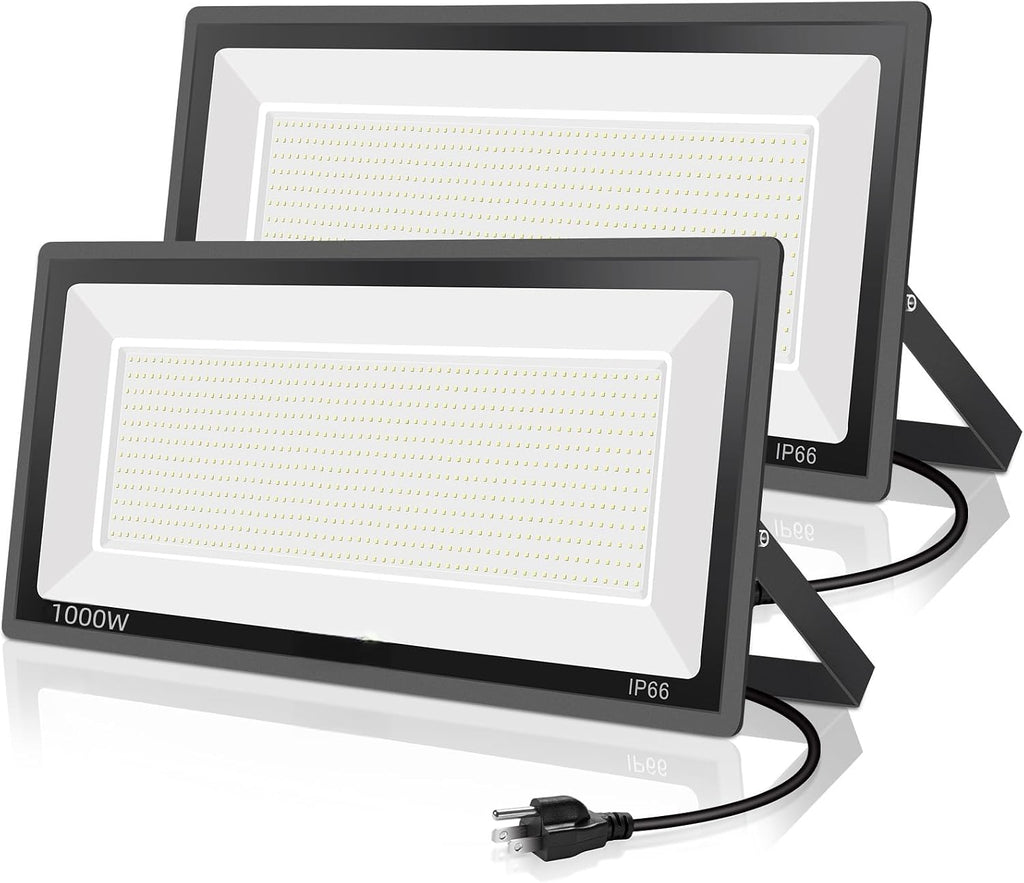 YANYCN 2 Pack 1000W LED Flood Light Outdoor,4250W Equivalent Super Bright 99500LM 5000K Daylight White FloodLight with Plug,IP66 Waterproof Commercial Lighting for Sports Fields,Counts,Arena,Stadium