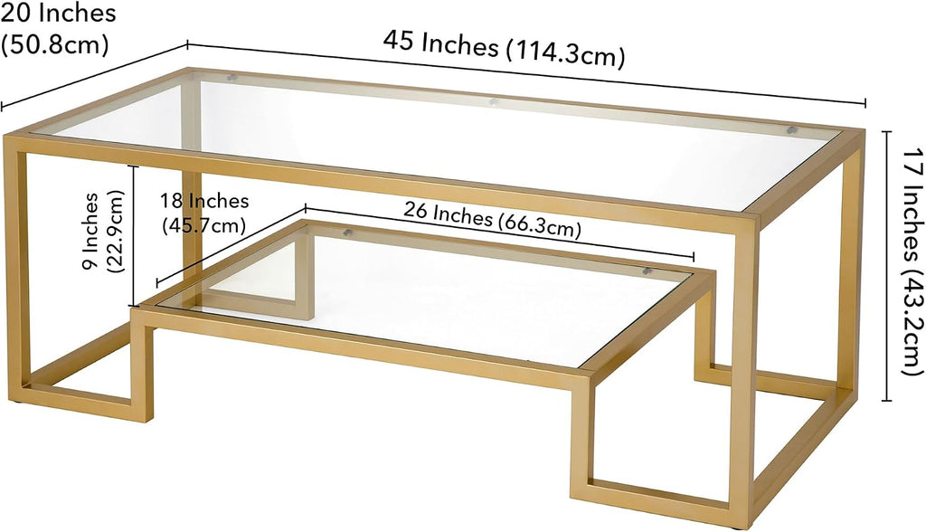 Henn&Hart 45' Rectangular Coffee Table with Glass Top and Raised Lower Shelf for Living Room, Family Room, or Office, Gold