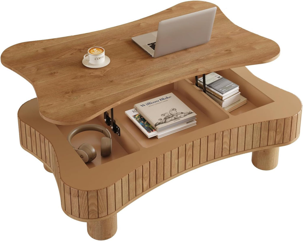 Zurnes Lift Top Coffee Table with Storage, 42' Accent Table for Living Room, Fluted Panel Hidden Storage, Silent Hydraulic Lift, Curved Corners, Easy Assembly, Light Brown