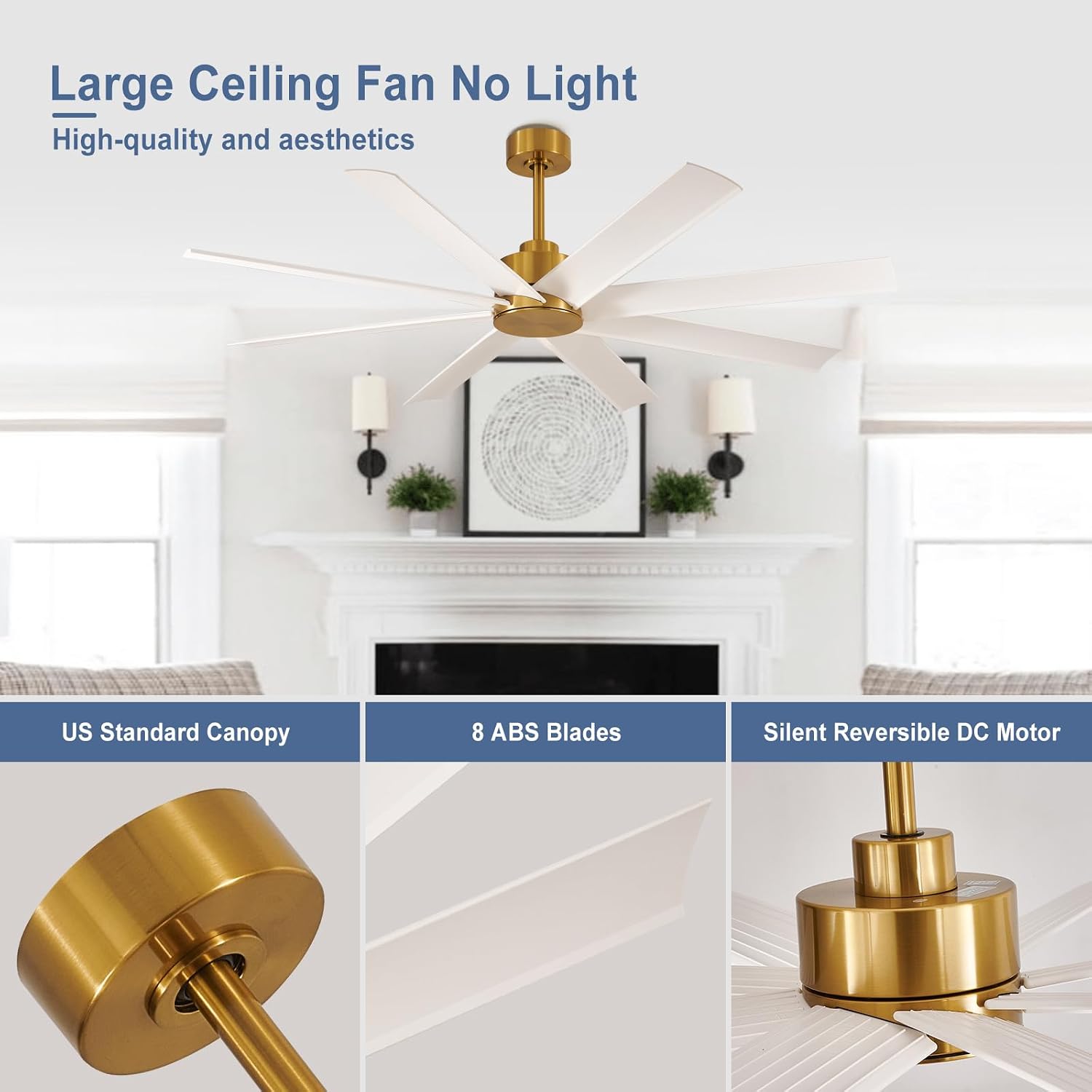 Farmhouse Ceiling Fan with Remote: 60' White and Gold 8-Blade 5-Speed Reversible DC Motor - Large Indoor/Outdoor Fan