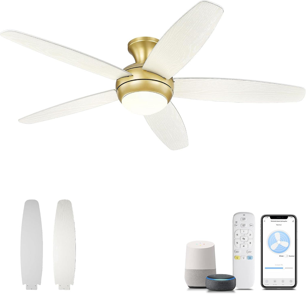 YOUKAIN 52'' Low Profile Ceiling Fan With Light, Gold Flush Mount Ceiling Fan, 6 Speeds DC Reversible Motor, Outdoor Indoor Modern Smart Ceiling Fans Work With WIFI App, 52-YJ236-GD