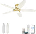 YOUKAIN 52'' Low Profile Ceiling Fan With Light, Gold Flush Mount Ceiling Fan, 6 Speeds DC Reversible Motor, Outdoor Indoor Modern Smart Ceiling Fans Work With WIFI App, 52-YJ236-GD
